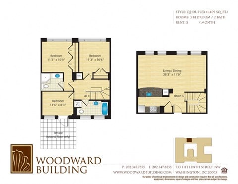 Floor plan for 3 beds, 3 baths, 1409 sqft